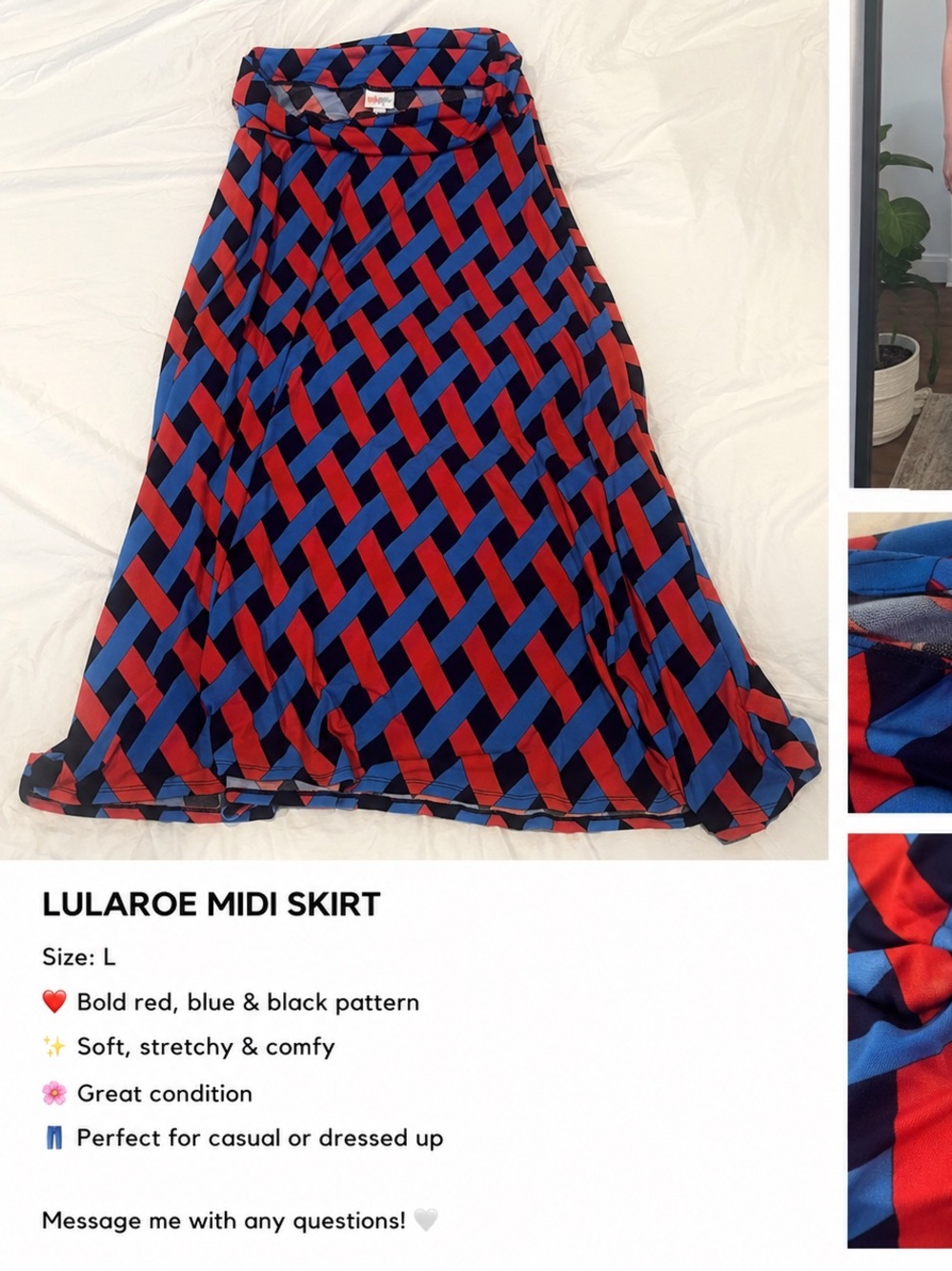 LuLaRoe Red, Blue & Black Interlaced Midi Skirt